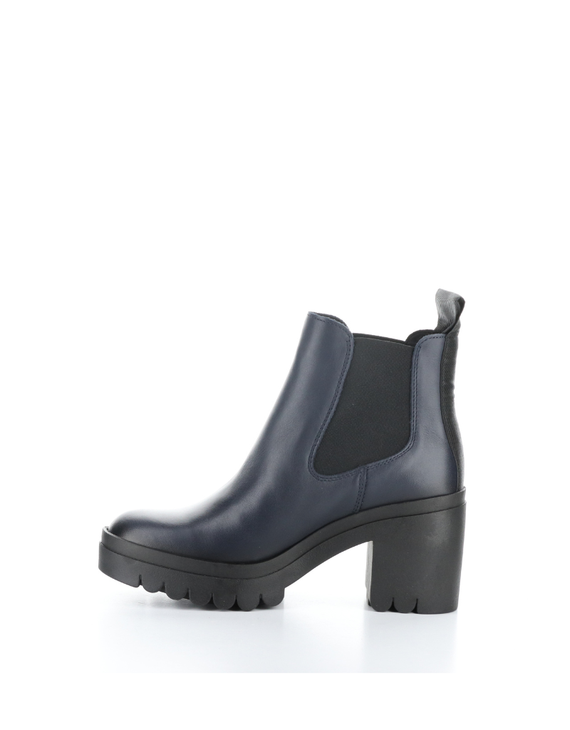 fly london tope lug sole heeled chelsea boot in navy, left side view 