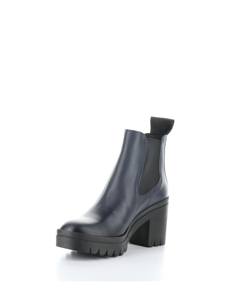 fly london tope lug sole heeled chelsea boot in navy, front angled view 