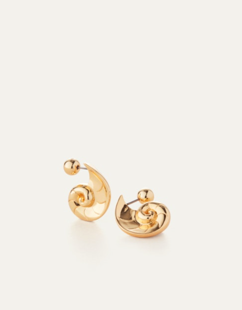 jenny bird nautilus shaped dylan earrings in gold, showing the ball-shaped back of the earring