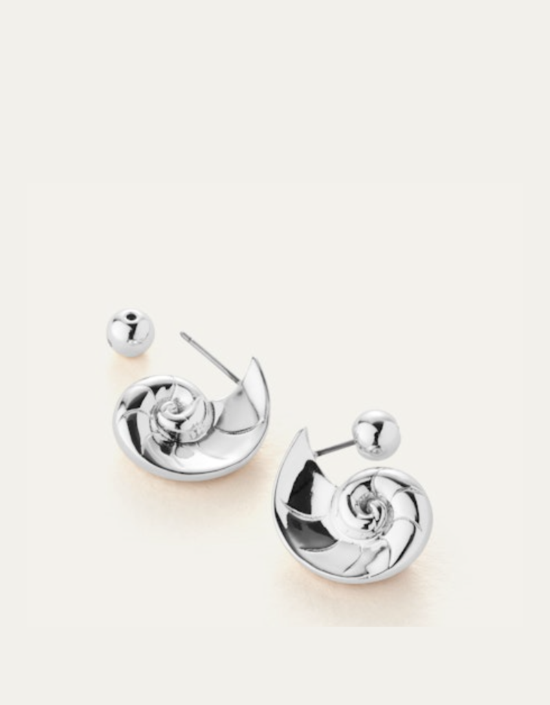 jenny bird nautilus shaped dylan earrings in silver, showing the ball-shaped back of the earring