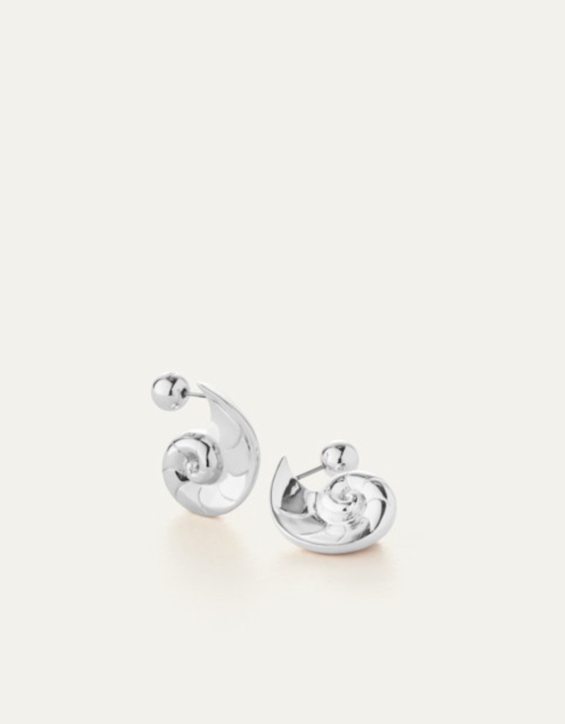 jenny bird nautilus shaped dylan earrings in silver, showing the ball-shaped back of the earring