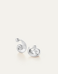 jenny bird nautilus shaped dylan earrings in silver, showing the ball-shaped back of the earring