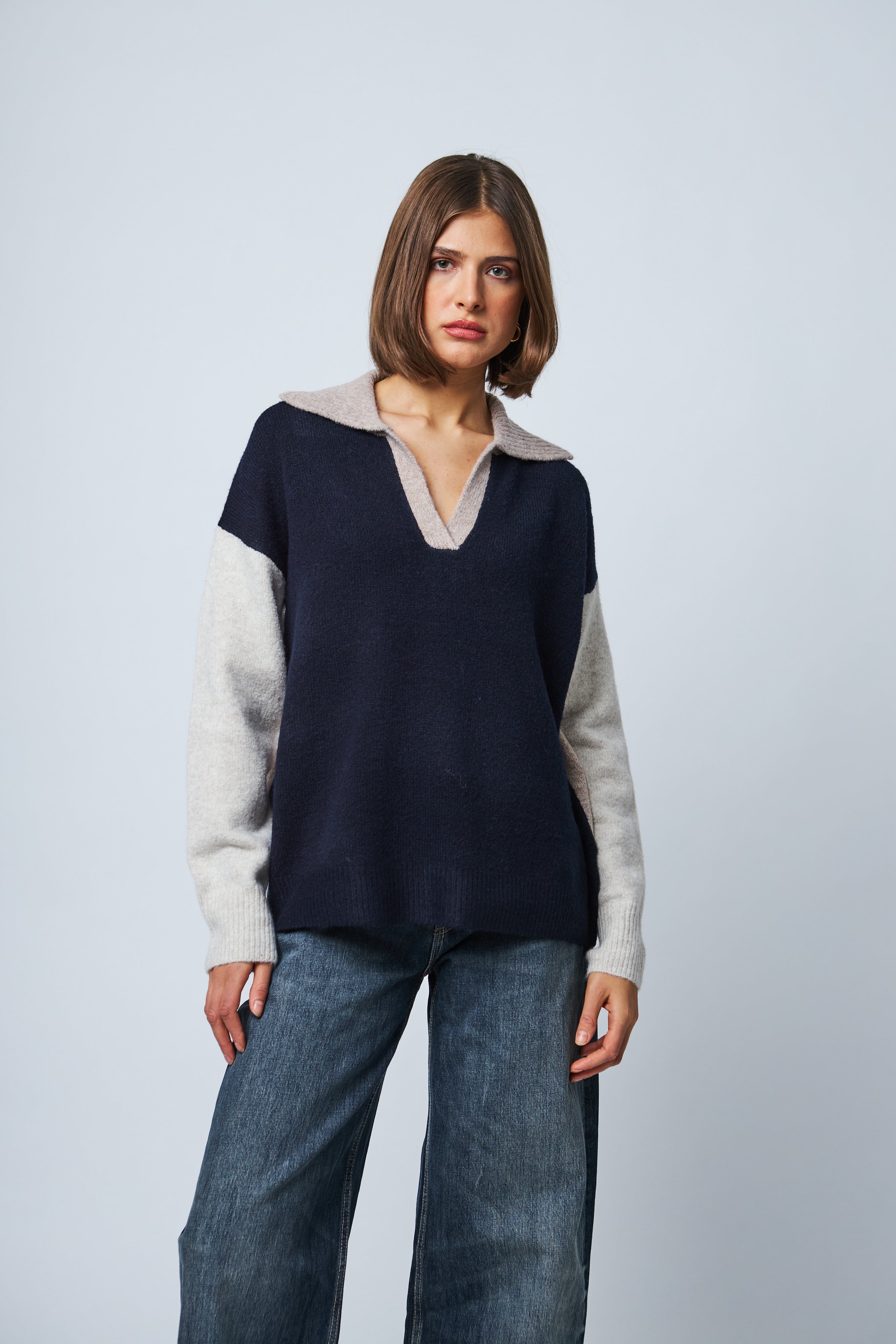 RAELYN COLOUR BLOCK JOHNNY COLLAR SWEATER