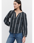 model weain raylee heather jacqaurd stripe top from velvet, styled view