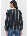 model weain raylee heather jacqaurd stripe top from velvet, rear view