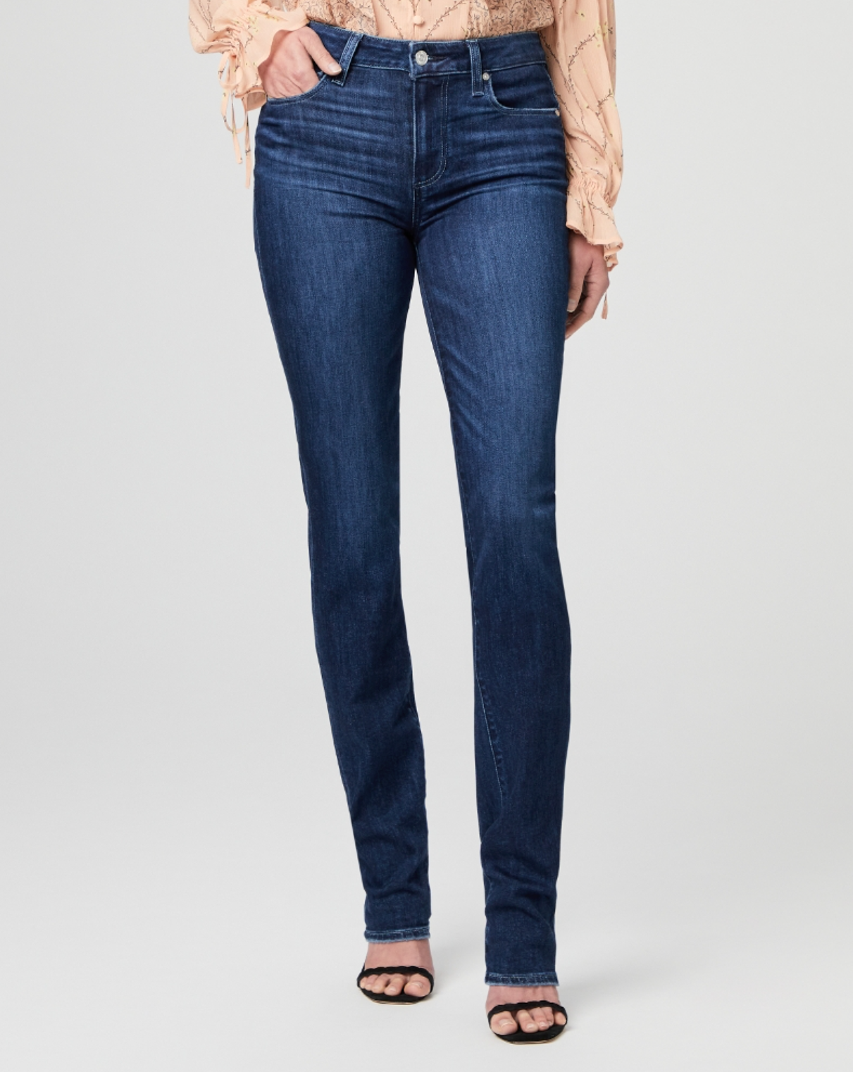 waist down view of the hoxton high rise straight jean from Paige, in monarch blue 
