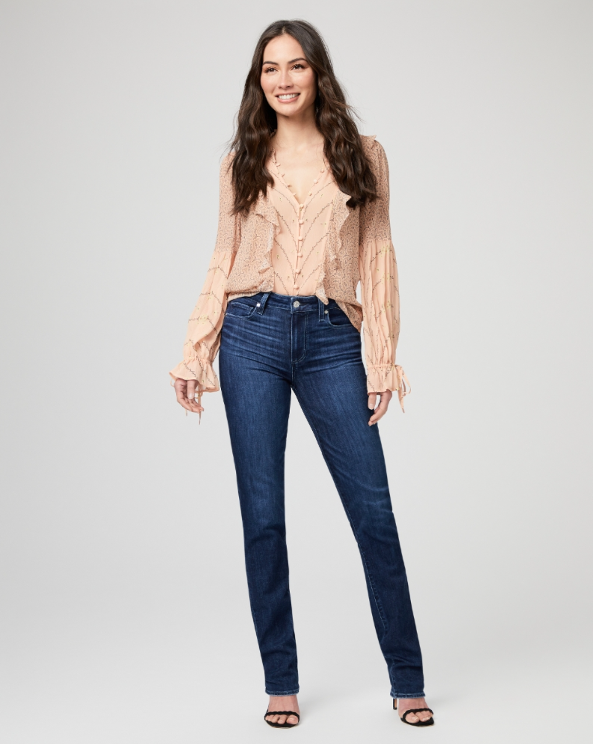 full body view of the hoxton high rise straight jean from Paige, in monarch blue, styled with a beige blouse