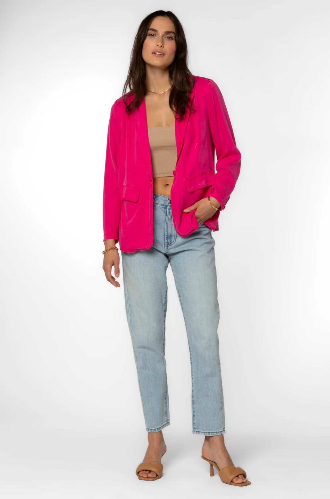 patty tencel blazer in pink, styled with jeans